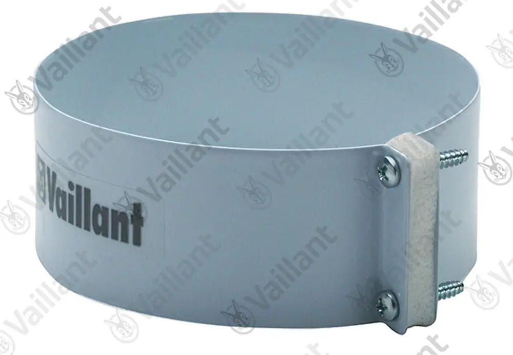 Vaillant Adapter aus Metall mit einer Halterung, die zur Verbindung von Rohrleitungen dient, in einer zylindrischen Form und mit zwei Schrauben zur Befestigung.
